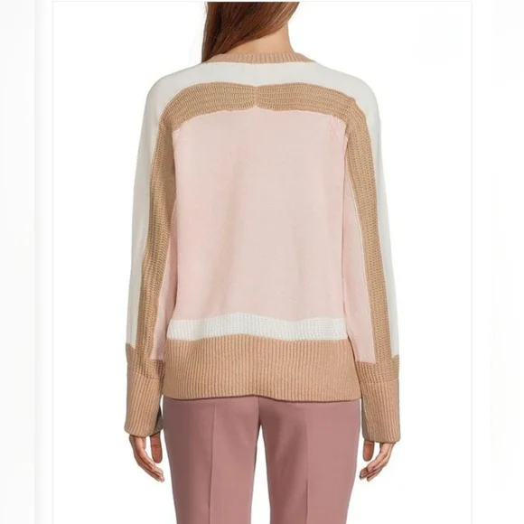Halston Women's Colorblock Sweater - Pink, White, & Tan Small. Cottagecore Cozy - Picture 2 of 7